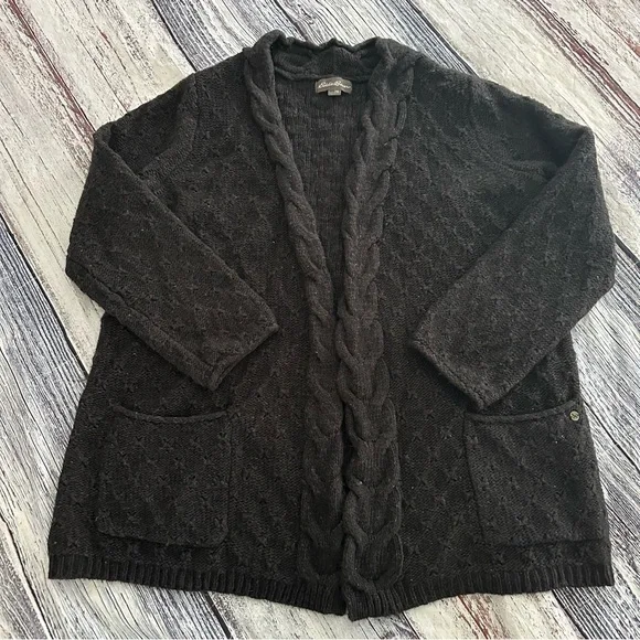 Eddie Bauer Wool Blend Cable Knit Open Cardigan In Charcoal Gray - Picture 1 of 7